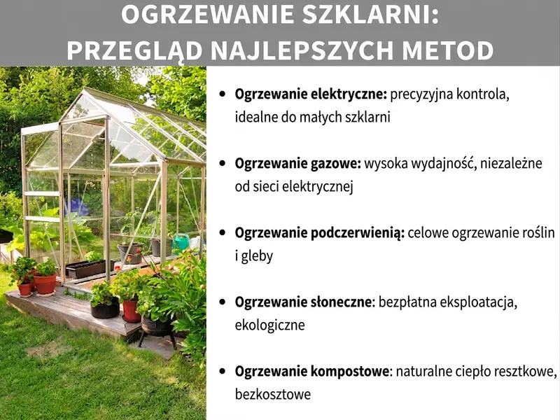 Infografika: Przegląd najlepszych metod ogrzewania szklarni. Po lewej zdjęcie szklarni w ogrodzie, po prawej lista 5 metod: ogrzewanie elektryczne, gazowe, na podczerwień, solarne i kompostowe.
