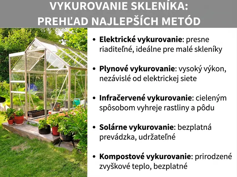 Infografika: Vykurovanie skleníka: najlepšie spôsoby v prehľade. Vľavo fotografia skleného skleníka v záhrade s rastlinami. Vpravo zoznam s piatimi bodmi: 1. Elektrické vykurovanie: presne regulovateľné, ideálne pre malé skleníky. 2. Plynové vykurovanie: vysoký výkon, nezávislé od elektrickej siete. 3. Infračervené vykurovanie: cielene vykuruje rastliny a pôdu. 4. Solárne vykurovanie: bezplatná prevádzka, udržateľné. 5. Kompostové vykurovanie: prirodzené zvyškové teplo, bezplatné.