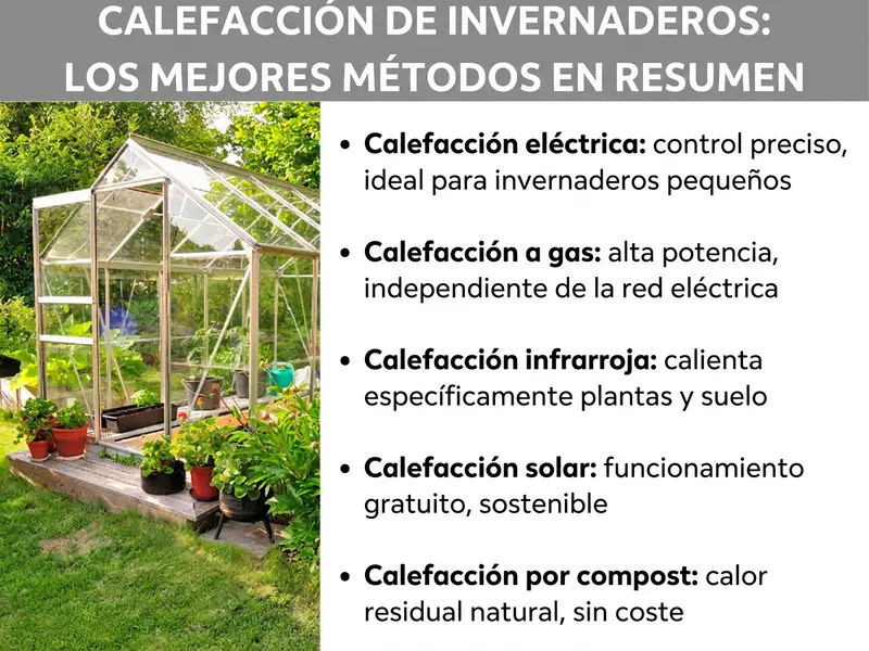 Infografía: calefacción invernadero: los mejores métodos de un vistazo. A la izquierda, una foto de un invernadero de cristal en el jardín con plantas delante. A la derecha, una lista con cinco puntos: 1. Calefacción eléctrica: control preciso, ideal para invernaderos pequeños. 2. Calefacción de gas: alta potencia, independiente de la red eléctrica. 3. Calefacción por infrarrojos: calienta plantas y suelo de forma localizada. 4. Calefacción solar: funcionamiento gratuito y sostenible. 5. Calefacción por compostaje: calor residual natural y sin coste.