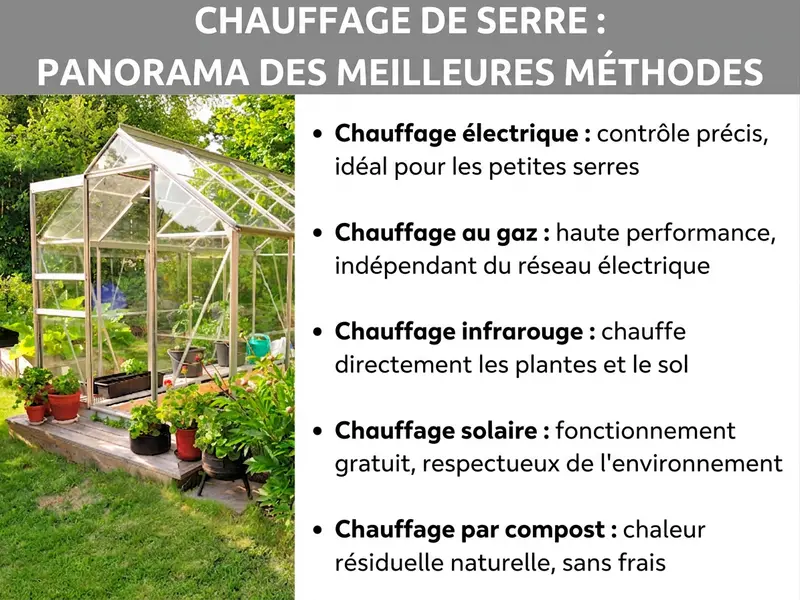 Infographie : chauffage de serre – les meilleures méthodes en un coup d'œil. À gauche, photo d'une serre vitrée dans un jardin avec des plantes devant. À droite, une liste de cinq points : 1. Chauffage électrique : réglage précis, idéal pour les petites serres. 2. Chauffage au gaz : haute puissance, indépendant du réseau électrique. 3. Chauffage infrarouge : chauffe directement les plantes et le sol. 4. Chauffage solaire : gratuit à l'usage, durable. 5. Chauffage par compost : chaleur résiduelle naturelle, sans frais.