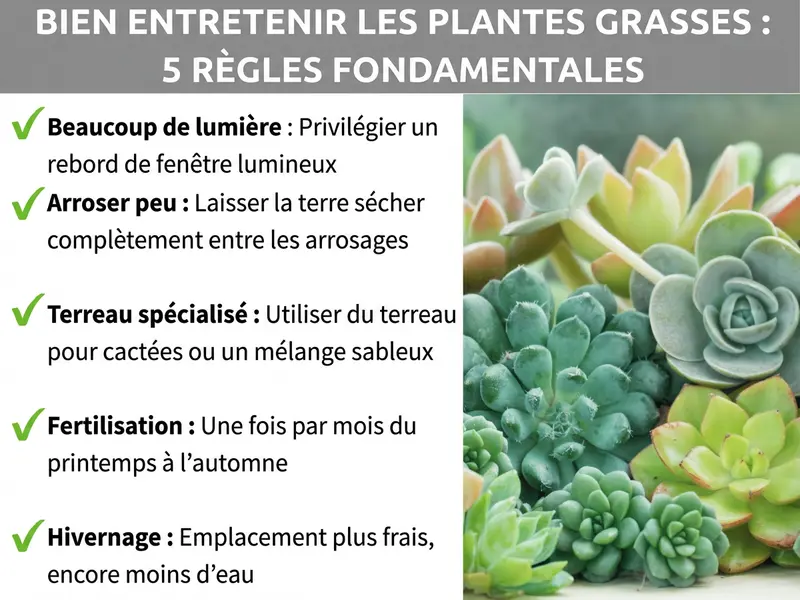 Infographie « Bien entretenir ses succulentes – 5 règles essentielles » avec une checklist : beaucoup de lumière (rebord de fenêtre lumineux), arrosage modéré (laisser le substrat sécher entre les apports d’eau), terreau adapté (terreau cactées ou mélange sableux), engrais (une fois par mois du printemps à l’automne) et hivernage (emplacement frais, moins d’eau) – à droite, une photo de succulentes vertes et rosées.