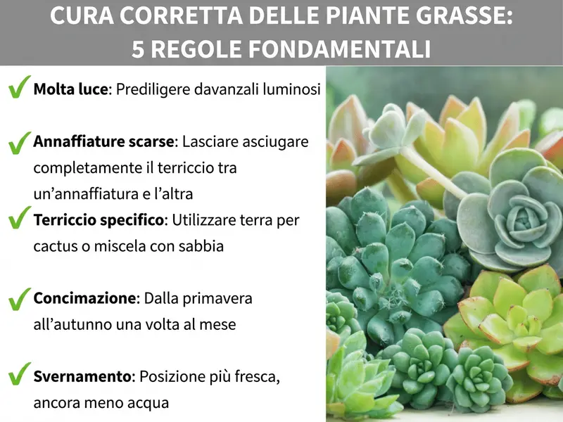 Infografica „Cura delle succulente – 5 regole d’oro“ con checklist: tanta luce (davanzale luminoso), poca acqua (lasciare asciugare il terriccio tra un'annaffiatura e l'altra), terriccio specifico (per cactacee o con sabbia), concimazione (una volta al mese da primavera ad autunno) e svernamento (posizione fresca, meno acqua) – sulla destra una foto con diverse succulente verdi e rosate.