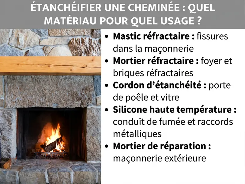 Infographie : étanchéité de cheminée – Quel matériau pour quel usage ? Le visuel montre à gauche la photo d'une cheminée en briques avec un feu allumé. À droite, une liste de cinq points : 1. Mastic réfractaire : fissures dans la maçonnerie. 2. Mortier réfractaire : chambre de combustion et briques réfractaires. 3. Cordon d'étanchéité : porte de cheminée et vitre. 4. Silicone haute température : tuyau de poêle et raccords métalliques. 5. Mortier de réparation : maçonnerie extérieure.