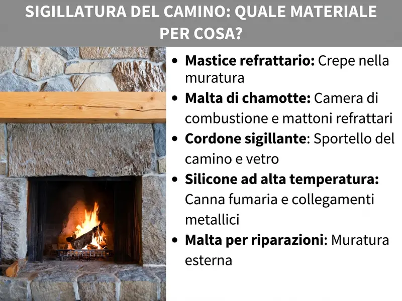Infografica: sigillare camino – quale materiale usare e dove? A sinistra una foto di un camino in muratura con il fuoco acceso. A destra un elenco con cinque punti: 1. Mastice refrattario: crepe nella muratura. 2. Malta refrattaria: camera di combustione e mattoni refrattari. 3. Guarnizione in corda: sportello e vetro del camino. 4. Silicone ad alta temperatura: tubo della stufa e giunzioni metalliche. 5. Malta da riparazione: muratura esterna.
