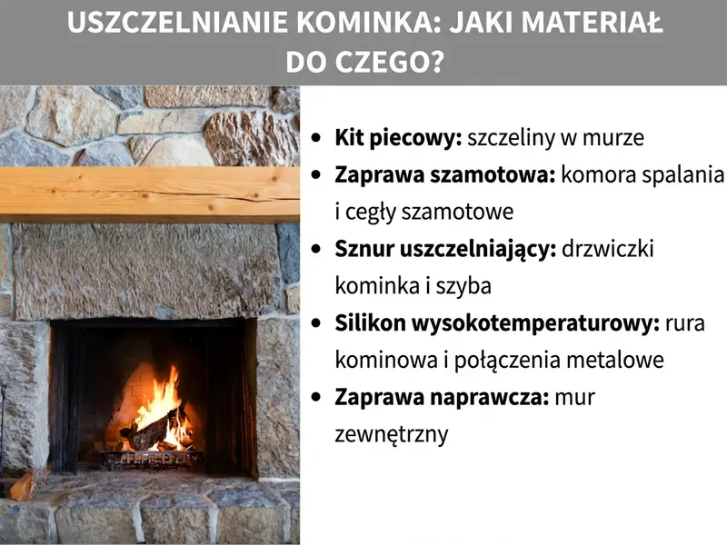 Infografika: uszczelnianie komina – jaki materiał do czego? Po lewej stronie zdjęcie murowanego komina z płonącym ogniem. Po prawej lista z pięcioma punktami: 1. Kit ogniotrwały: pęknięcia w murze. 2. Zaprawa szamotowa: komora paleniskowa i cegły szamotowe. 3. Sznur uszczelniający: drzwiczki kominka i szyba. 4. Silikon wysokotemperaturowy: rura dymowa i połączenia metalowe. 5. Zaprawa naprawcza: mur zewnętrzny.