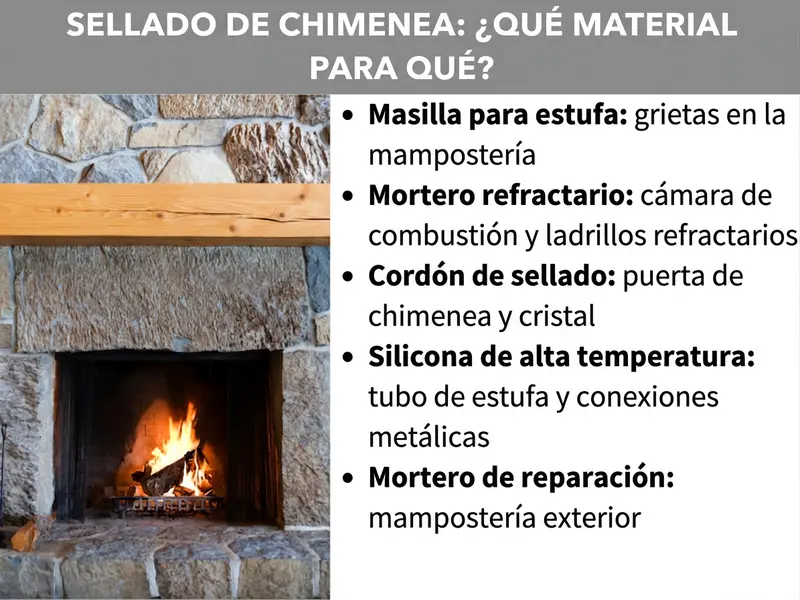 Infografía: Sellar chimenea – ¿Qué material para cada uso? La imagen muestra a la izquierda una foto de una chimenea de obra con fuego encendido. A la derecha, una lista con cinco puntos: 1. Masilla refractaria: grietas en la mampostería. 2. Mortero refractario: cámara de combustión y ladrillos refractarios. 3. Cordón de sellado: puerta de la chimenea y cristal. 4. Silicona de alta temperatura: tubo de estufa y uniones metálicas. 5. Mortero de reparación: mampostería exterior.