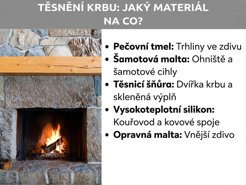 Infografika: Těsnění komínu – jaký materiál na co použít? Grafika vlevo zobrazuje fotografii zděného komínu s hořícím ohněm. Vpravo je seznam pěti bodů: 1. Kamnářský tmel: praskliny ve zdivu. 2. Šamotová malta: spalovací komora a šamotové cihly. 3. Těsnicí šňůra: dvířka komínu a sklo. 4. Vysokoteplotní silikon: kouřovod a kovové spoje. 5. Opravná malta: vnější zdivo.