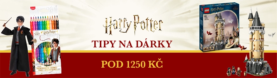 Reklama: Tipy na dárky Harry Potter pod 1250 Kč. Zobrazeny jsou hračky, pastelky a LEGO.