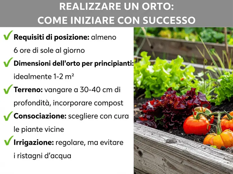 Infografica: fare un orto – come partire col piede giusto. La grafica elenca cinque punti: 1. Esposizione: almeno 6 ore di sole al giorno. 2. Dimensioni per iniziare: idealmente 1-2 m². 3. Terreno: vangare a 30-40 cm di profondità e incorporare del compost. 4. Consociazione: scegliere con cura gli abbinamenti tra le piante. 5. Irrigazione: regolare, ma senza ristagni d'acqua. Accanto è visibile la foto di un orto rialzato in legno con insalata e pomodori.