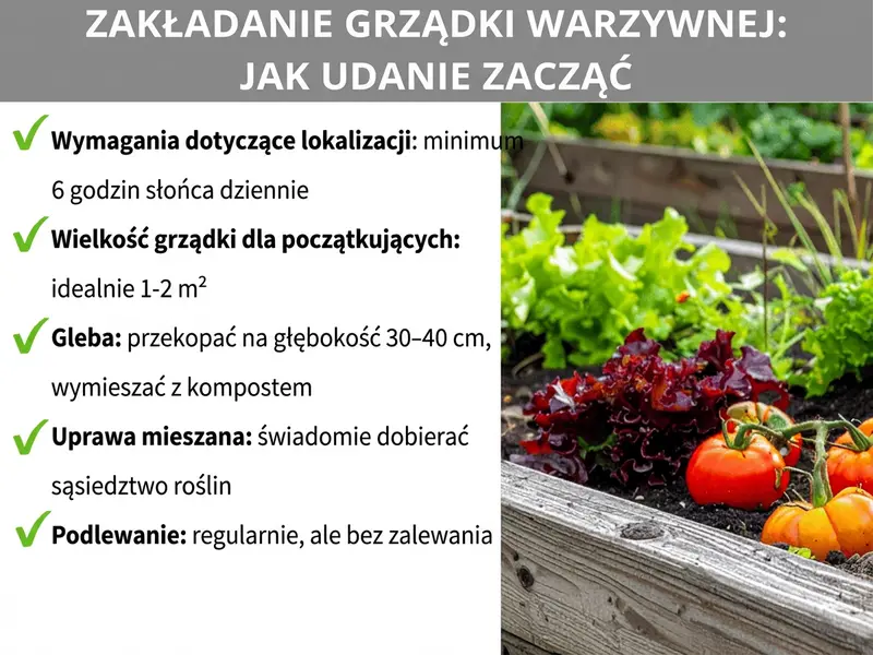 Infografika: Zakładanie ogródka warzywnego – jak dobrze zacząć. Grafika przedstawia pięć punktów: 1. Stanowisko: co najmniej 6 godzin słońca dziennie. 2. Rozmiar grządki dla początkujących: najlepiej 1–2 m². 3. Gleba: przekopać na głębokość 30–40 cm, wmieszać kompost. 4. Uprawa współrzędna: świadomie dobierać sąsiedztwo roślin. 5. Podlewanie: regularnie, ale bez zalewania. Po prawej stronie zdjęcie drewnianej grządki podwyższonej z sałatą i pomidorami.