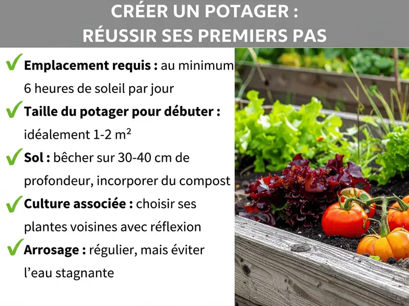 Infographie : aménager un potager – bien démarrer. La liste présente cinq points : 1. Emplacement : au moins 6 heures de soleil par jour. 2. Taille idéale pour débuter : 1 à 2 m². 3. Sol : bêcher sur 30-40 cm, incorporer du compost. 4. Culture associée : bien choisir les voisinages entre plantes. 5. Arrosage : régulier, sans détremper la terre. À droite, une photo d’un potager surélevé en bois avec des salades et des tomates.