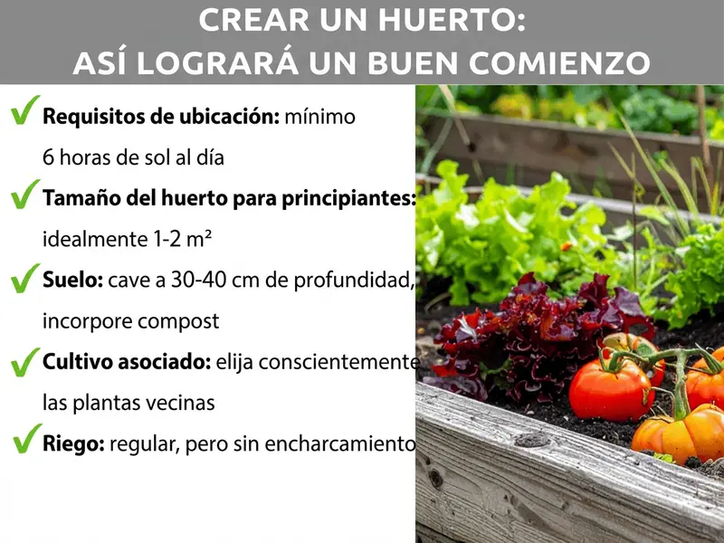 Infografía: crear un huerto – así se empieza con buen pie. La imagen enumera cinco puntos: 1. Requisito de ubicación: al menos 6 horas de sol al día. 2. Tamaño del bancal para principiantes: idealmente de 1 a 2 m². 3. Suelo: cavar de 30 a 40 cm de profundidad e incorporar compost. 4. Cultivo asociado: elegir las plantas vecinas de forma consciente. 5. Riego: regular, pero sin encharcamientos. A la derecha se ve la foto de un huerto elevado de madera plantado con lechugas y tomates.