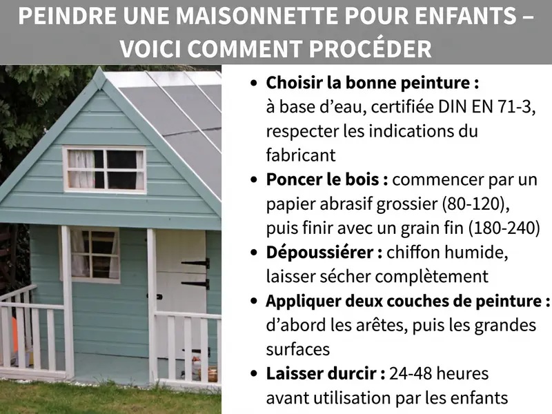 Infographie : « Peindre une cabane d'enfant – Mode d'emploi ». À gauche, photo d'une maisonnette en bois peinte en bleu clair avec des cadres de fenêtres et une rambarde blancs, entourée de verdure. À droite, cinq étapes : 1. Choisir la bonne peinture : à base d'eau, conforme NF EN 71-3, vérifier les indications du fabricant. 2. Poncer le bois : d'abord avec un grain grossier (80-120), puis fin (180-240). 3. Retirer la poussière : chiffon humide, laisser sécher complètement. 4. Appliquer deux couches de peinture : les bords d'abord, puis les grandes surfaces. 5. Laisser durcir : 24 à 48 heures avant utilisation par les enfants.