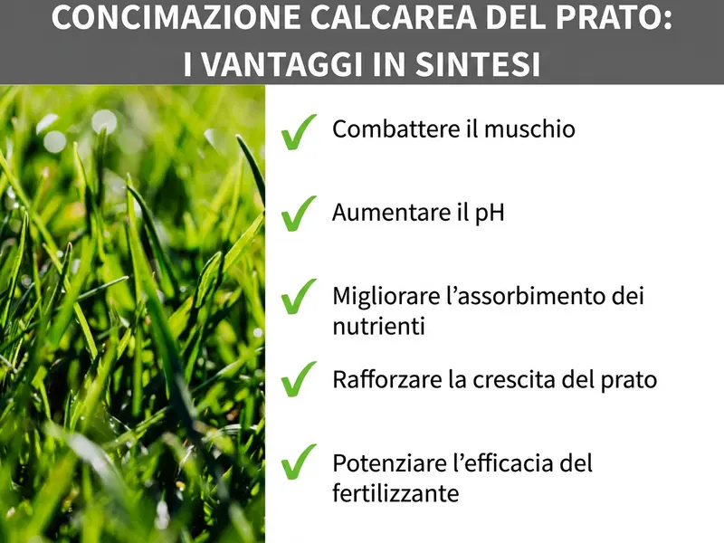 Infografica: i vantaggi della calcitazione del prato in sintesi. L'elenco comprende cinque punti: 1. Combattere il muschio. 2. Alzare il pH. 3. Migliorare l'assorbimento dei nutrienti. 4. Rafforzare la crescita del prato. 5. Rendere il concime più efficace.
