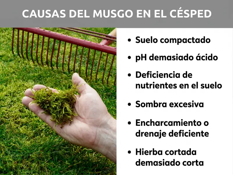 Infografía: causas del musgo en el césped. Una mano sostiene un puñado de musgo sobre un césped cubierto de musgo; al fondo se ve un rastrillo rojo para césped. La lista muestra seis causas: suelo compactado, pH demasiado ácido, falta de nutrientes en el suelo, sombra intensa, encharcamiento o mal drenaje, hierba cortada demasiado baja.