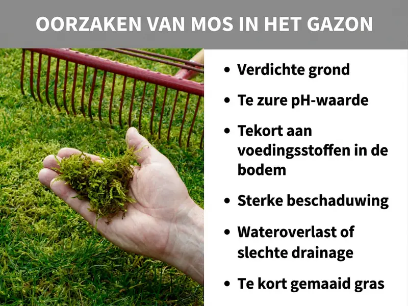Infographic: Oorzaken van mos in het gazon. Een hand houdt een handvol mos boven een met mos bedekt gazon, op de achtergrond is een rode gazonhark te zien. De lijst toont zes oorzaken: Verdichte bodem, Te zure pH-waarde, Voedingsstoffengebrek in de bodem, Veel schaduw, Wateroverlast of slechte drainage, Te kort gemaaid gras.