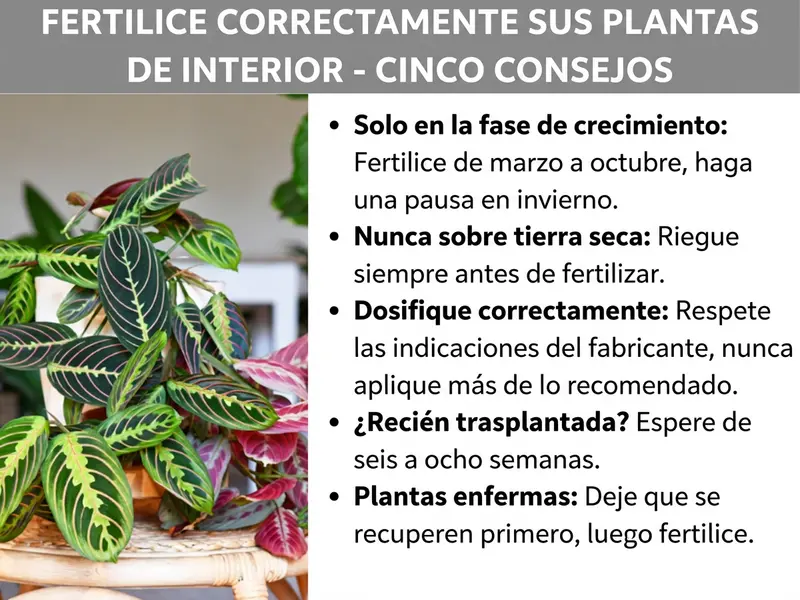 Infografía: «Cómo abonar correctamente las plantas de interior: cinco consejos». A la izquierda se ve la foto de una frondosa planta de interior con hojas de color verde oscuro y tonos rojizo-violáceos con dibujos claros (probablemente una maranta o calatea) en un macetero trenzado. A la derecha aparecen cinco consejos en forma de lista: 1. Solo en la fase de crecimiento: abona de marzo a octubre y haz una pausa en invierno. 2. Nunca sobre tierra seca: riega siempre antes de abonar. 3. Dosifica correctamente: sigue las indicaciones del fabricante, nunca apliques más de lo recomendado. 4. ¿Recién trasplantada? Espera de seis a ocho semanas. 5. Plantas enfermas: deja que se recuperen primero y abona después. La imagen tiene fondo blanco; el título está en un banner gris con texto blanco en negrita.
