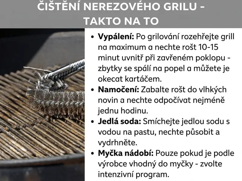 Infografika s názvem „Jak vyčistit nerezový grilovací rošt“. Zobrazuje čtyři metody: vypálení zbytků na grilu, namočení roštu do vlhkých novin, použití pasty z jedlé sody a mytí v myčce nádobí.