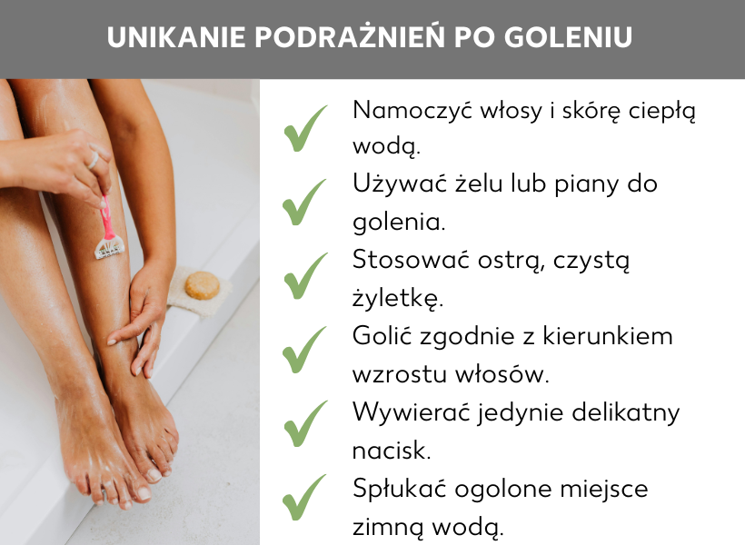 Infografika: Unikanie podrażnień po goleniu. Kobieta goląca nogi, obok: Zmoczyć włosy i skórę ciepłą wodą. Użyć żelu lub pianki do golenia. Użyć ostrego, czystego ostrza. Golić się zgodnie z kierunkiem wzrostu włosów. Wywierać tylko lekki nacisk. Opłukać ogolone miejsce zimną wodą.