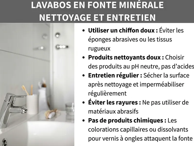 Infographie : conseils pour le nettoyage et l'entretien d'un lavabo en résine minérale. Cinq recommandations sont listées : utiliser un chiffon doux et éviter les éponges abrasives ; choisir des nettoyants doux et au pH neutre, sans acide ; sécher la surface après chaque nettoyage et la protéger régulièrement ; ne pas utiliser de matériaux abrasifs pour éviter les rayures ; tenir les colorations capillaires et les dissolvants à distance, car ils attaquent la résine. En arrière-plan, une salle de bain lumineuse avec un lavabo et sa robinetterie.