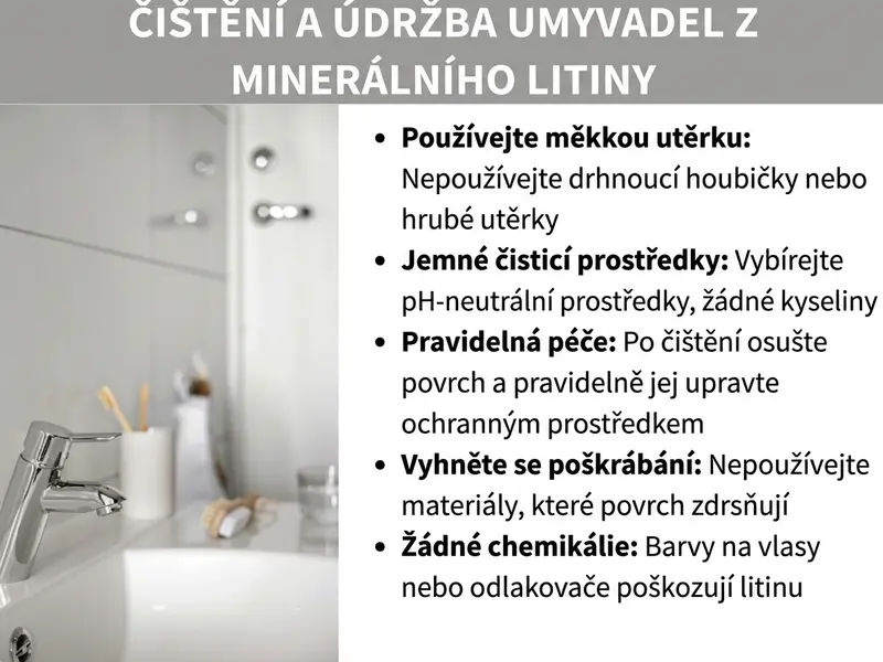 Infografika: Infografika s tipy na čištění a péči o umyvadlo z litého mramoru. Uvedeno je pět doporučení: Používejte měkký hadřík a nepoužívejte drátěnky ani drsné utěrky; volte jemné, pH neutrální čisticí prostředky bez kyselin; po čištění povrch osušte a pravidelně jej ošetřujte ochranným přípravkem; nepoužívejte drsné materiály, abyste předešli poškrábání; a držte barvy na vlasy a odlakovače na nehty mimo dosah umyvadla, protože narušují povrch litého mramoru. V pozadí je vidět světlá koupelna s umyvadlem a baterií.