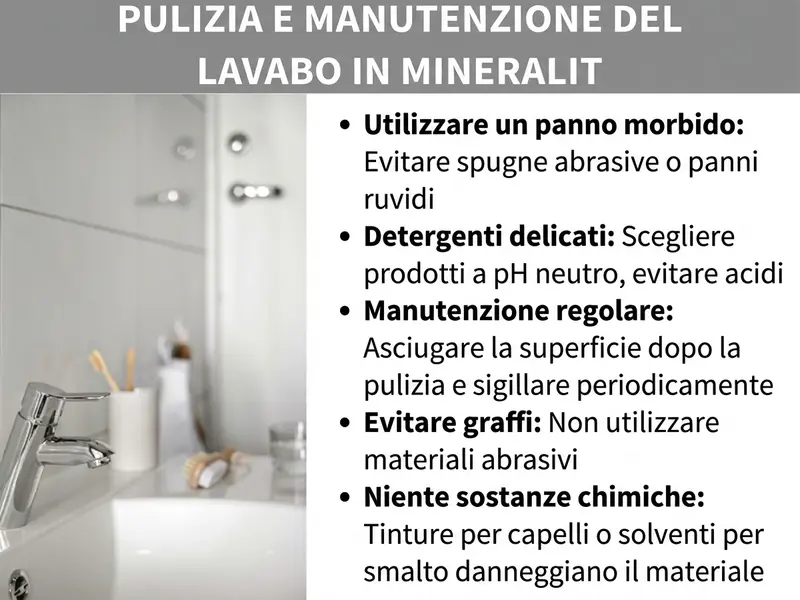 Infografica: infografica con consigli per la pulizia e la cura del lavabo in mineralguss. Sono elencati cinque suggerimenti: utilizzare un panno morbido evitando spugne abrasive o panni ruvidi; scegliere detergenti delicati a pH neutro e senza acidi; asciugare la superficie dopo la pulizia e sigillarla regolarmente; non usare materiali che possano graffiare; tenere lontani tinture per capelli e solventi per smalto, che possono intaccare il materiale. Sullo sfondo si vede un bagno luminoso con lavabo e rubinetteria.