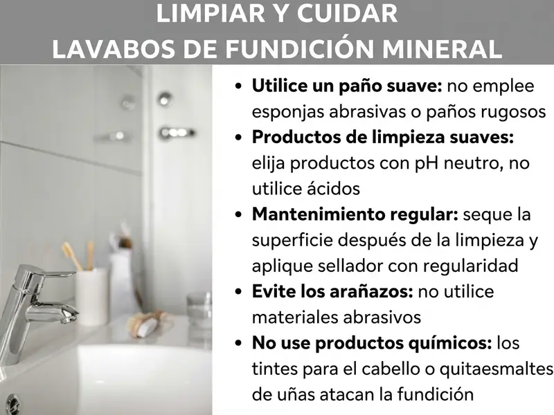 Infografía: Infografía con consejos para limpiar y cuidar lavabos de resina mineral. Se enumeran cinco recomendaciones: usar un paño suave y no utilizar estropajos ni paños ásperos; elegir limpiadores suaves y de pH neutro, sin ácidos; secar la superficie tras la limpieza y sellarla de forma regular; no usar materiales que rayen para evitar arañazos; y mantener alejados los tintes para el cabello y el quitaesmalte, ya que atacan la resina. De fondo se ve un baño luminoso con un lavabo y grifería.