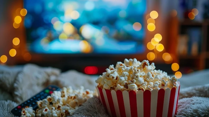 Schmuckbild: Eine Tüte Popcorn mit einer Kuscheldecke, daneben eine Fernbedienung und im Hintergrund ein Heimkino, das mit einer Lichterkette beleuchtet ist.