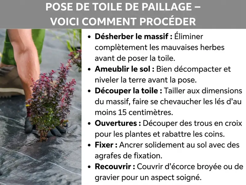 Infographie : « Poser une toile de paillage – Mode d'emploi ». L'image montre à gauche une photo d'une personne portant des gants de jardinage qui plante un végétal à travers une toile noire. À droite, six étapes sont détaillées : 1. Désherber le massif – Retirer entièrement les mauvaises herbes avant la pose. 2. Ameublir le sol – Bien aérer et niveler la terre. 3. Découper la toile – Adapter aux dimensions du massif, avec un chevauchement d'au moins 15 centimètres entre les lés. 4. Ouvertures – Découper des croix pour les plantes et replier les coins. 5. Fixer – Maintenir au sol avec des agrafes de fixation. 6. Recouvrir – Couvrir de paillis d'écorce ou de gravier pour un rendu soigné.
