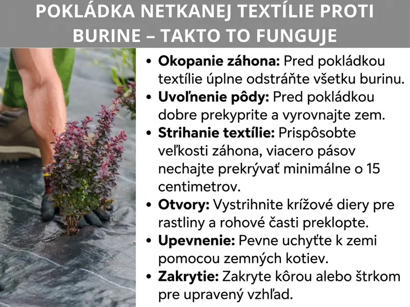 Infografika: „Pokládka mulčovacej textílie – ako na to". Grafika vľavo zobrazuje fotografiu osoby so záhradnými rukavicami, ktorá sadí rastlinu cez čiernu mulčovaciu textíliu. Vpravo je šesť krokov vo forme zoznamu: 1. Odburinenie záhona – pred pokládkou textílie kompletne odstráňte burinu. 2. Prekyprovanie pôdy – pred pokládkou zem dôkladne prekyprite a zarovnajte. 3. Nastrihanie textílie – textíliu nastrihajte na mieru záhona, jednotlivé pásy nechajte presahovať minimálne o 15 centimetrov. 4. Otvory – pre rastliny vystrihnite krížové otvory a rohy ohýbajte nadol. 5. Upevnenie – textíliu pripevnite kotvovými kolíkmi pevne k zemi. 6. Zakrytie – prekryte kôrovým mulčom alebo štrkom pre upravený vzhľad.
