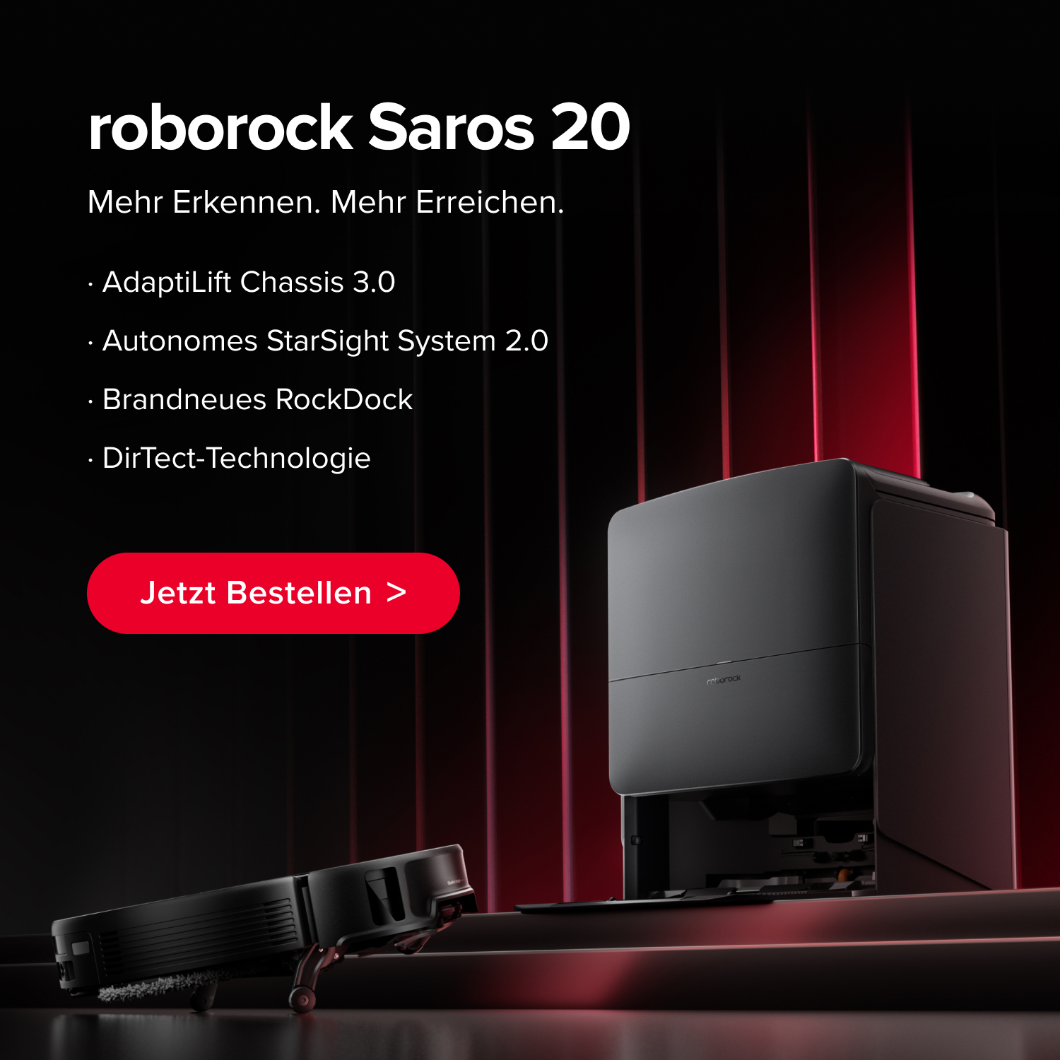 Werbung: roborock Saros Z70. Features: Mechanischer OmniGrip Arm, KI-gestützte Anpassung, StarSight System 2.0, 22.000 Pa Saugkraft. iF Design Award 2025. Button: Jetzt Bestellen.