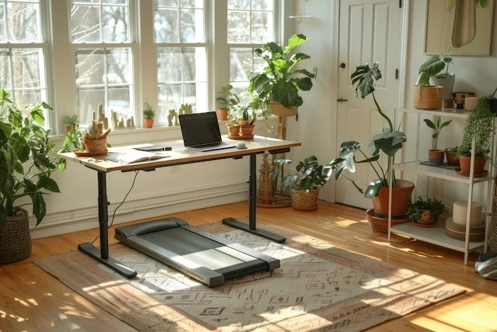 Schmuckbild: Ein Schreibtisch mit einem Walking Pad darunter, ringsherum Pflanzen.