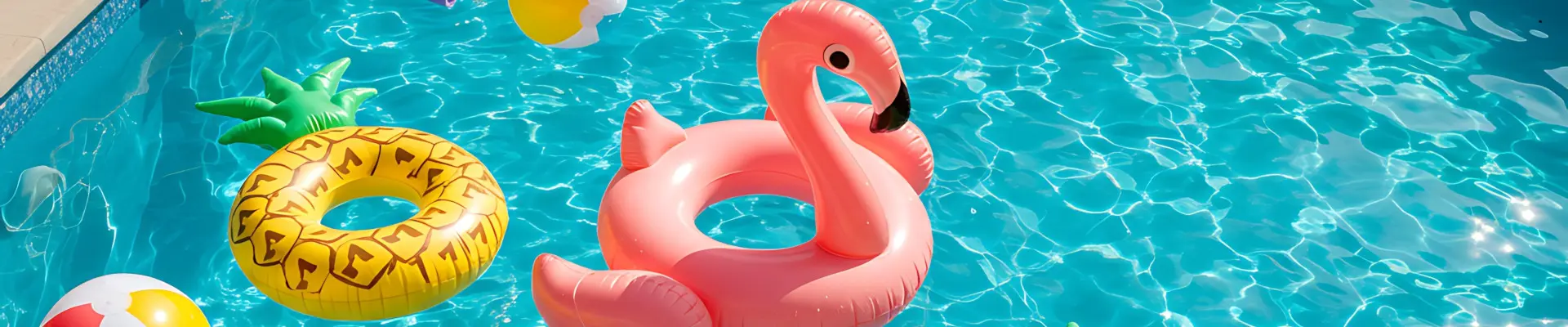 Schmuckbild: Aufblasbarer Flamingo und Schwimmreifen in Pool