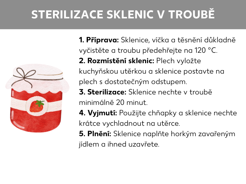 Informační grafika: Příprava: Sklenice, víka a těsnění důkladně očistěte a předehřejte troubu na 120 °C. Vyrovnání sklenic: Plech na pečení vyložte utěrkou a vyskládejte na něj sklenice v dostatečných rozestupech. Sterilizace: Ponechte sklenice v troubě alespoň 20 minut. Vyjmutí: Použijte chňapku a nechte sklenice krátce zchladnout na utěrce. Plnění: Naplňte sklenice horkou zavařenou potravinou a ihned je uzavřete.