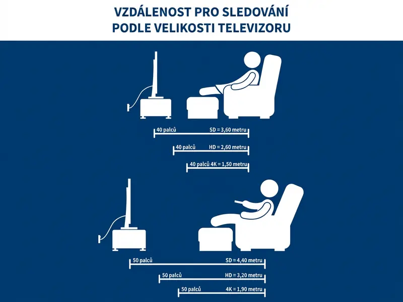 Infografika znázorňující pozorovací vzdálenost u různých velikostí televizorů