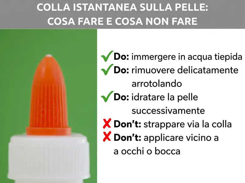 Infografica: colla a presa rapida sulla pelle – cosa fare e cosa evitare. A sinistra la punta arancione di un tubetto di colla su sfondo verde. A destra tre buone pratiche, ciascuna contrassegnata da un segno di spunta verde: ammorbidire in acqua calda, arrotolare con delicatezza, idratare la pelle dopo il trattamento. Sotto, due errori da evitare, ciascuno contrassegnato da una X rossa: strappare la colla e applicare i rimedi vicino a occhi o bocca.