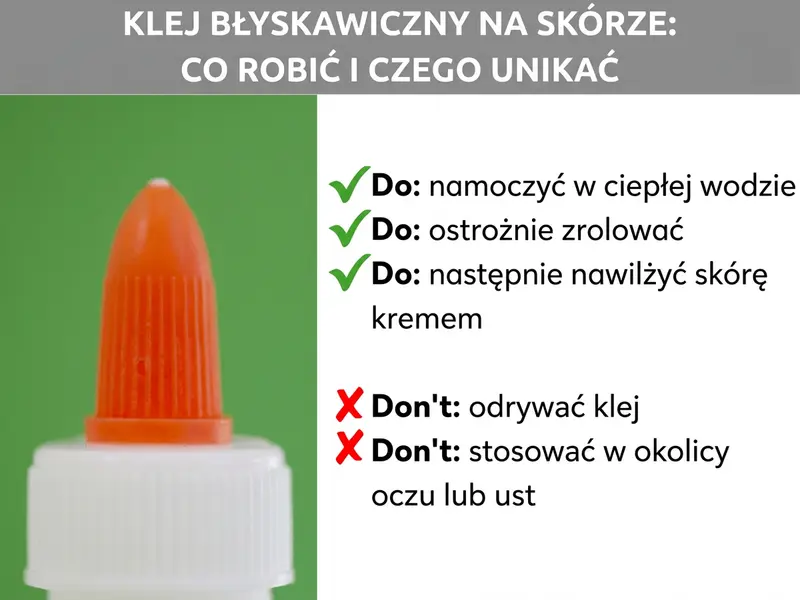 Infografika: Klej sekundowy na skórze – co robić, a czego unikać. Po lewej stronie pomarańczowa końcówka tubki z klejem sekundowym na zielonym tle. Po prawej lista trzech zaleceń oznaczonych zielonymi ptaszkami: namocz w ciepłej wodzie, delikatnie odsuń klej, nanieś krem na skórę po zabiegu. Poniżej dwa ostrzeżenia oznaczone czerwonymi krzyżykami: nie odrywaj kleju, nie stosuj w okolicach oczu ani ust.