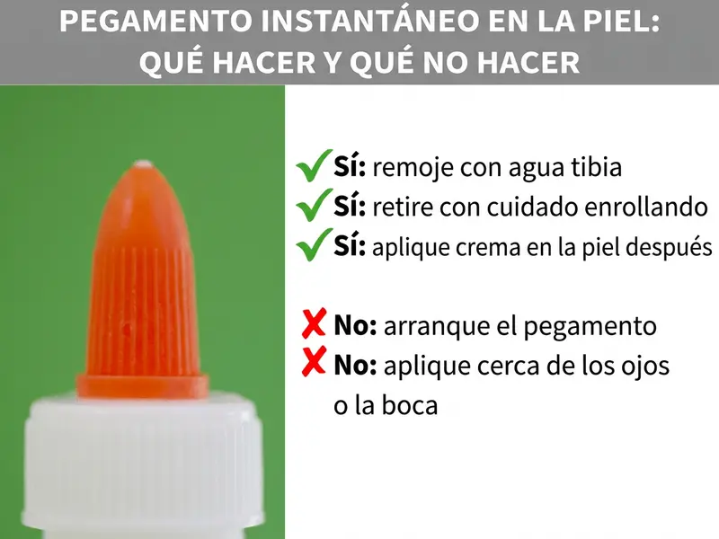 Infografía: Pegamento instantáneo en la piel: lo que sí y lo que no debes hacer. A la izquierda, la punta naranja de un tubo de pegamento instantáneo sobre fondo verde. A la derecha, una lista con tres recomendaciones, cada una marcada con un tic verde: Sí: remojar en agua caliente. Sí: desenrollar con cuidado. Sí: hidratar la piel después. Debajo, dos prácticas a evitar, cada una marcada con una cruz roja: No: arrancar el pegamento. No: aplicar cerca de ojos o boca.
