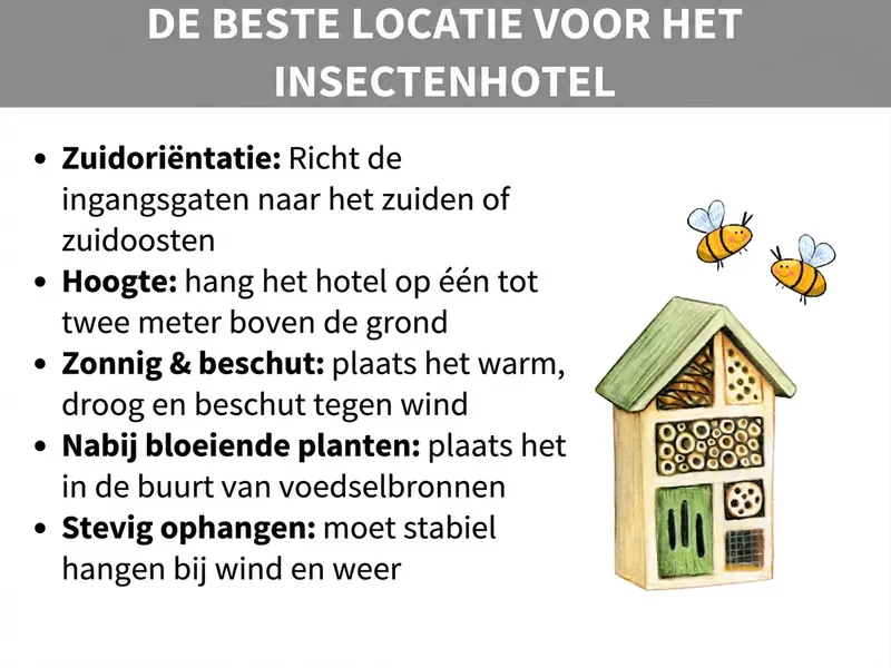 Infographic: de beste plek om een insectenhotel te plaatsen. De afbeelding toont vijf opsommingspunten op een witte achtergrond, rechts daarnaast een illustratie van een houten insectenhotel en twee getekende bijen. 1. Op het zuiden: openingen richting het zuiden of zuidoosten. 2. Hoogte: een tot twee meter boven de grond ophangen. 3. Zonnig en beschut: warm, droog en beschut tegen wind opstellen. 4. Dicht bij bloeiende planten: in de buurt van voedselbronnen plaatsen. 5. Stevig ophangen: moet bij wind en weer stabiel hangen.