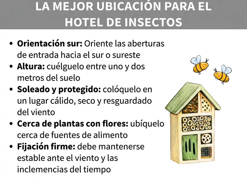 Infografía: la mejor ubicación para el hotel de insectos. La imagen muestra cinco puntos enumerados sobre fondo blanco; a la derecha, una ilustración de un hotel de insectos de madera y dos abejas dibujadas. 1. Orientación sur: dirigir las aberturas de entrada hacia el sur o el sureste. 2. Altura: colgarlo de uno a dos metros sobre el suelo. 3. Soleado y protegido: colocarlo en un lugar cálido, seco y resguardado del viento. 4. Cerca de plantas con flores: situarlo próximo a fuentes de alimento. 5. Fijación firme: debe mantenerse estable con cualquier condición meteorológica.