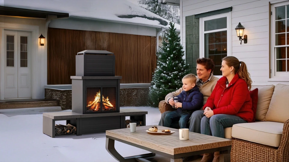 Sunjoy Kamine für den Outdoor-Bereich. Outdoo-Kamin im Winter mit Gartenlounge