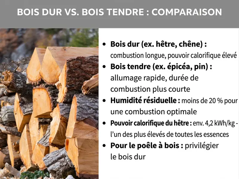 Infographie : bois dur vs bois tendre. Le visuel montre une photo de bûches empilées ainsi qu’une liste de cinq points : 1. Bois dur (ex. hêtre, chêne) : combustion longue, pouvoir calorifique élevé. 2. Bois tendre (ex. épicéa, pin) : allumage rapide, durée de combustion plus courte. 3. Humidité résiduelle : moins de 20 % pour une combustion optimale. 4. Pouvoir calorifique du hêtre : env. 4,2 kWh/kg – l’un des plus élevés. 5. Pour le poêle à bois : privilégier le bois dur.