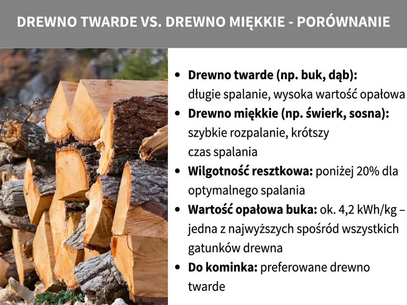 Infografika: drewno twarde a miękkie – porównanie. Grafika przedstawia zdjęcie ułożonego drewna opałowego oraz listę pięciu punktów: 1. Drewno twarde (np. buk, dąb): długi czas spalania, wysoka wartość opałowa. 2. Drewno miękkie (np. świerk, sosna): szybkie rozpalanie, krótszy czas spalania. 3. Wilgotność resztkowa: poniżej 20% dla optymalnego spalania. 4. Wartość opałowa buka: ok. 4,2 kWh/kg – jedna z najwyższych wśród gatunków drewna. 5. Do pieca kominkowego: lepsze jest drewno twarde.