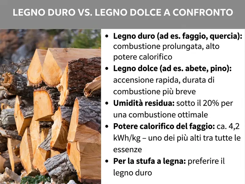 Infografica: confronto tra legno duro e legno tenero. La grafica mostra una foto di legna da ardere impilata e un elenco con cinque punti: 1. Legno duro (es. faggio, quercia): combustione lunga, alto potere calorifico. 2. Legno tenero (es. abete rosso, pino): accensione rapida, combustione più breve. 3. Umidità residua: inferiore al 20% per una combustione ottimale. 4. Potere calorifico del faggio: circa 4,2 kWh/kg, uno dei più alti in assoluto. 5. Per la stufa a legna: preferire il legno duro.