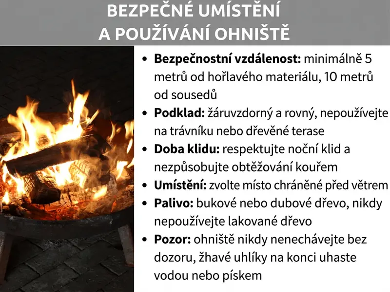 Infografika: „Jak bezpečně umístit a používat zahradní ohniště". Vlevo fotografie hořícího ohniště s poleny a žhavými uhlíky na dlážděné ploše. Vpravo seznam šesti bodů: Bezpečná vzdálenost – alespoň 5 metrů od hořlavých materiálů, 10 metrů od sousedů; Podklad – nehořlavý a rovný, nepoužívat na trávníku ani dřevěné terase; Doba klidu – dodržovat noční klid a neobtěžovat kouřem; Umístění – zvolit místo chráněné před větrem; Palivo – bukové nebo dubové dřevo, nikdy lakované dřevo; Pozor – ohniště nikdy nenechávat bez dozoru, uhlíky na konci uhasit vodou nebo pískem.