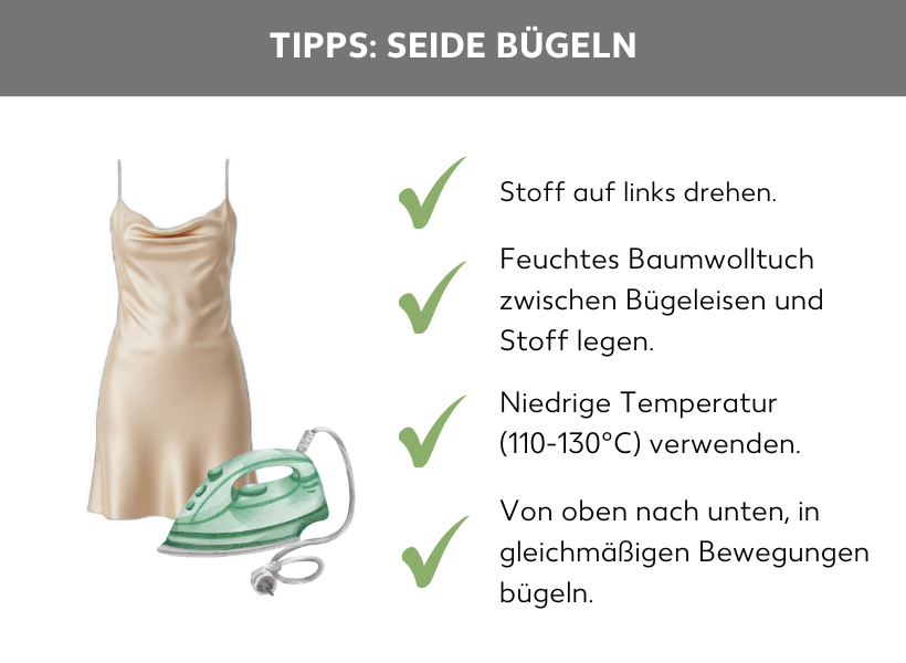 Infografik: Tipps Seide bügeln. Ein Seidenkleid mit Bügeleisen, daneben: Stoff auf links drehen, feuchtes Baumwolltuch zwischen Bügeleisen und Stoff legen, niedrige Temperatur von 110 bis 130 Grad Celsius verwenden, von oben nach unten und in gleichmäßigen Bewegungen bügeln.