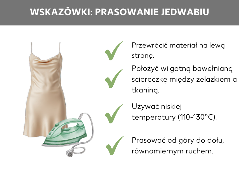 Infografika: Porady: Jak prasować jedwab. Jedwabna sukienka, obok: Przewróć materiał na lewą stronę, połóż wilgotny bawełniany materiał między żelazkiem a prasowaną tkaniną, ustaw niską temperaturę od 110 do 130 stopni Celsjusza, prasuj z góry na dół, przesuwając żelazko równomiernymi ruchami.