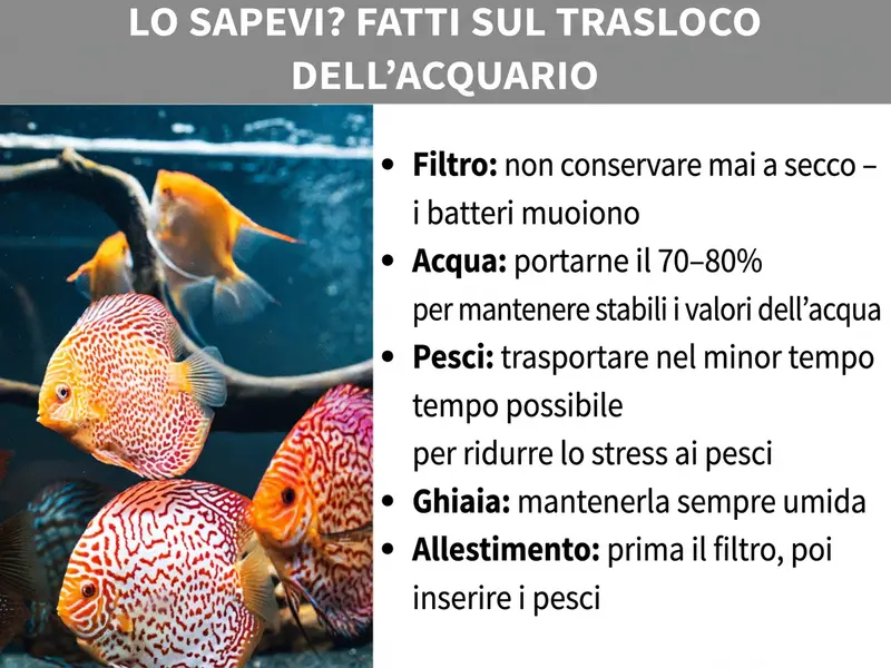 Infografica: Lo sapevi? Curiosità sul trasloco dell'acquario. A sinistra una foto con diversi pesci discus colorati in un acquario. A destra cinque curiosità: 1. Filtro: non conservarlo mai a secco – i batteri muoiono. 2. Acqua: portare con sé il 70–80% per mantenere stabili i valori. 3. Pesci: trasportarli il meno possibile per ridurre lo stress. 4. Ghiaia: tenerla sempre umida. 5. Montaggio: prima il filtro, poi i pesci.
