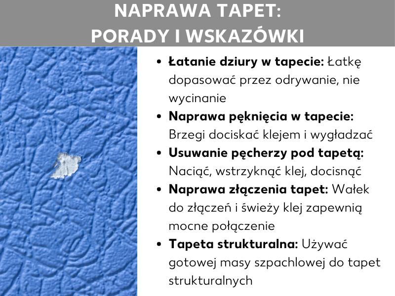 Infografika z poradami, jak naprawić tapetę: metody na dziury, pęcherze, pęknięcia i odklejone krawędzie.