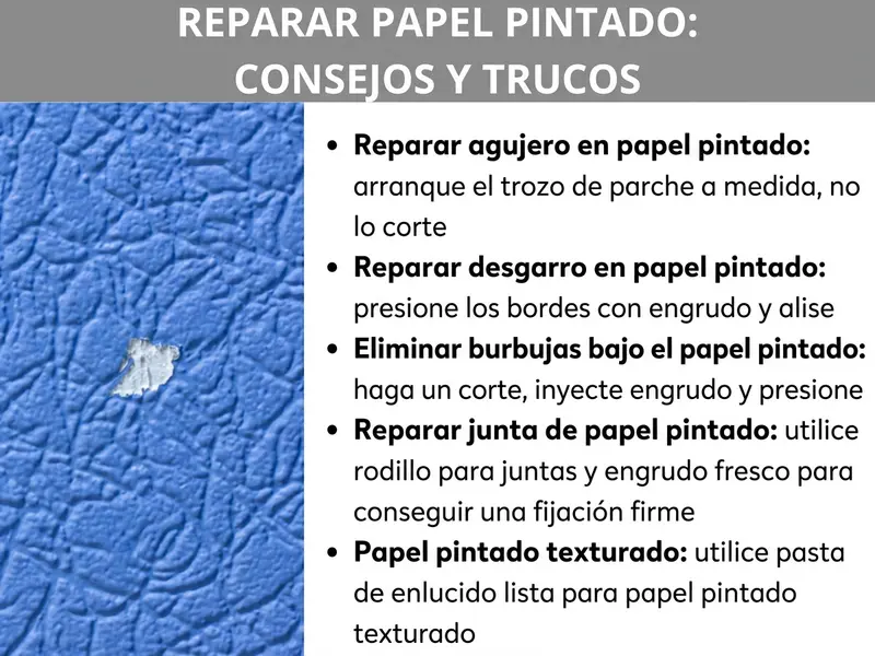 Infografía: reparar papel pintado: consejos y trucos. Papel pintado azul con textura de fondo y un agujero visible. A la derecha, cinco consejos enumerados: reparar un agujero (rasgar el parche, no cortarlo), reparar una grieta (presionar los bordes con cola), eliminar burbujas (hacer un corte, inyectar cola y presionar), reparar juntas del papel pintado (rodillo para juntas y cola fresca) y reparar papel pintado de gotelé (usar masilla ya preparada).